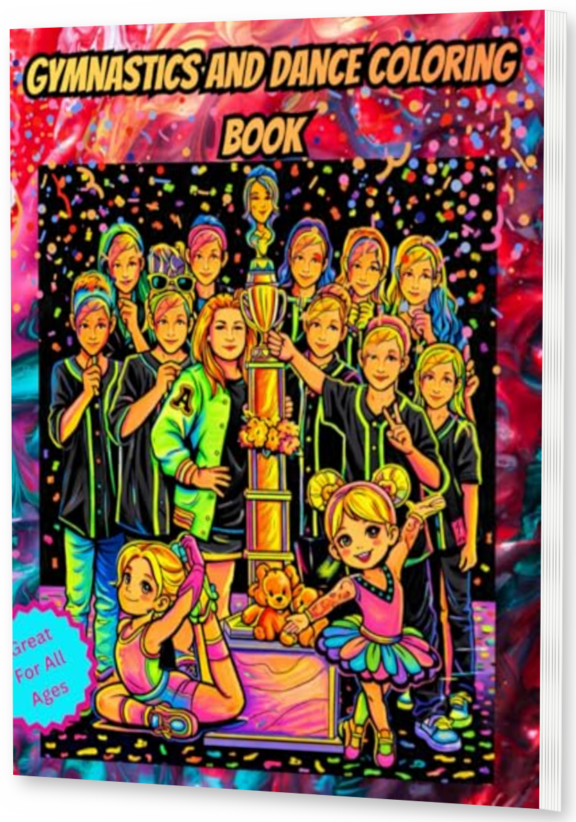 Gymnastics and Dance Coloring Book thin upright angled paperback mockup with visible right pages, drop shadow, and transparent background