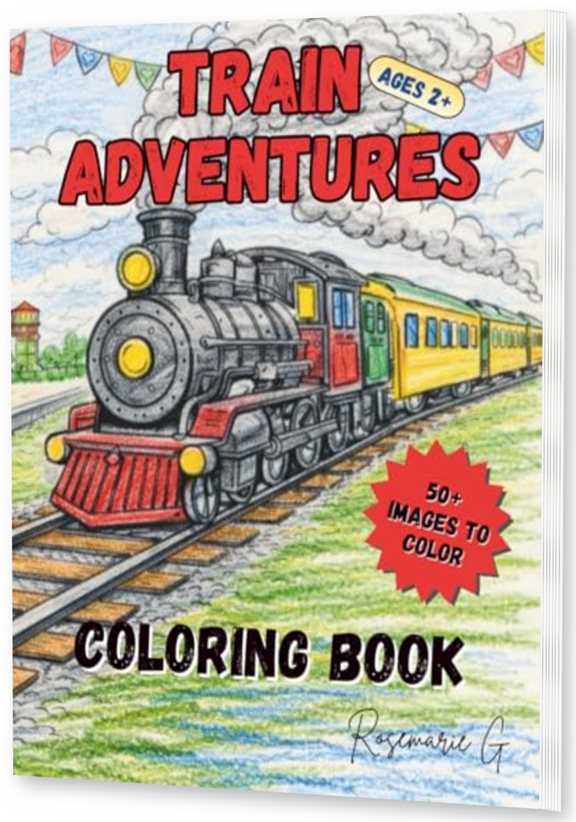 Train Adventure Coloring Book thin upright angled paperback mockup with visible right pages, drop shadow, and transparent background