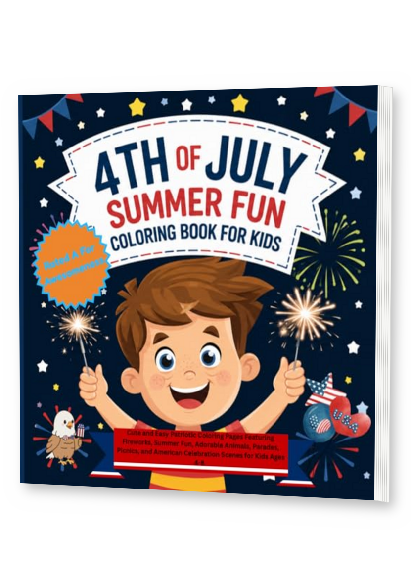 4th Of July Summer Fun Coloring Book For Kids thin upright angled paperback mockup with visible right pages, drop shadow, and transparent background