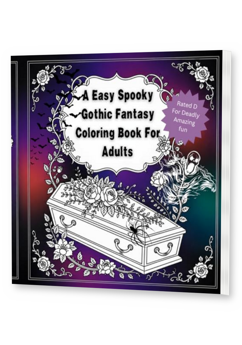 An Easy Spooky Gothic Fantasy Coloring Book for Adults thin upright angled paperback mockup with visible right pages, drop shadow, and transparent background