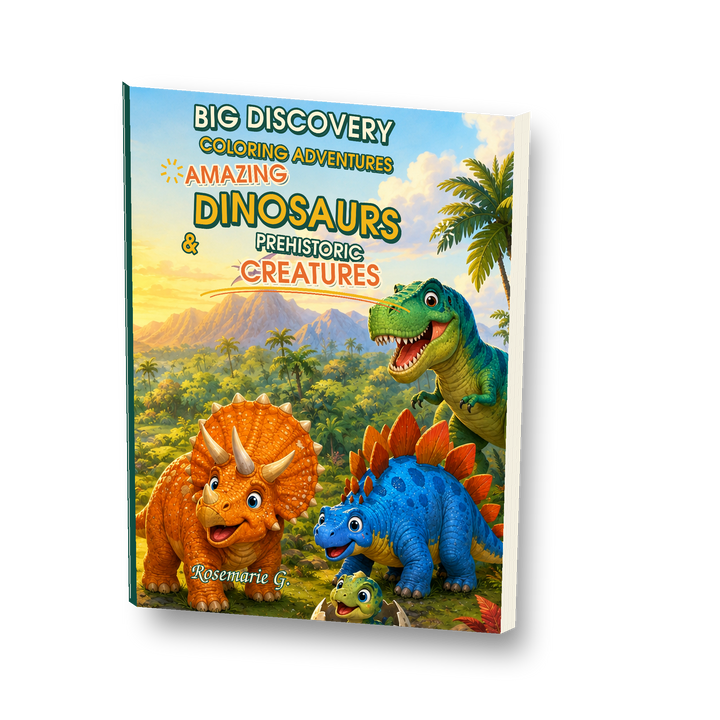 Slim 126-page Amazing Dinosaurs and Prehistoric Creatures coloring book mockup for kids ages 4 to 8