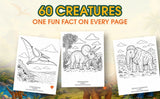 Three sample coloring pages featuring a Pteranodon, Triceratops, and Woolly Mammoth