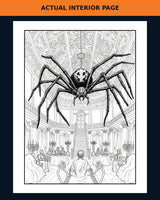 [BRB Spooky Proof 5] Actual interior coloring page showing giant spider in a grand hall.